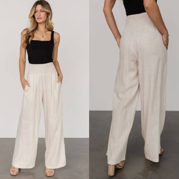 Baltic Born high rise smocked elastic waist wide leg linen blend pants size M - Picture 12 of 12